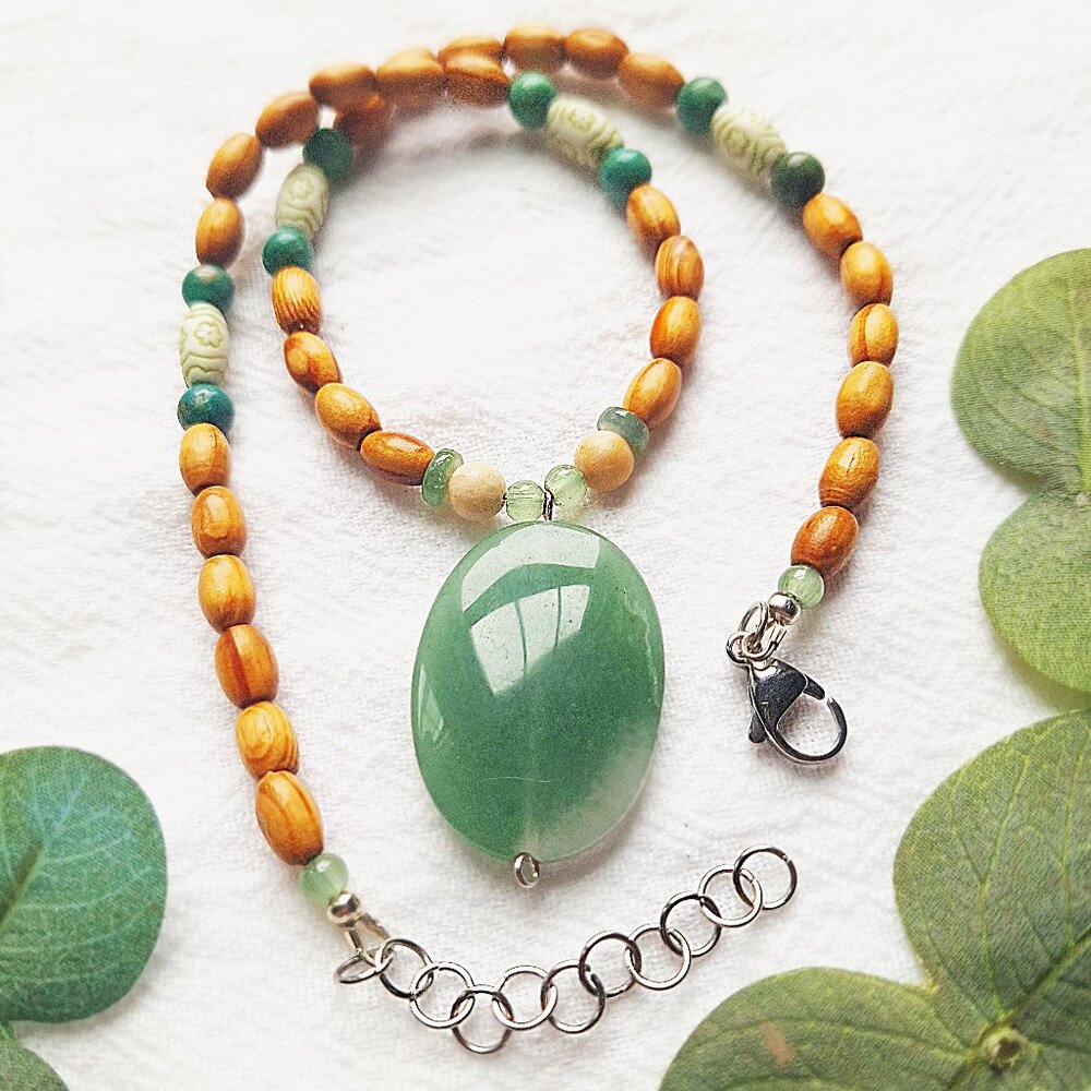 Long Stone Pendant Necklace, Bohemian Wood Beaded Necklace, Earthy & Organic